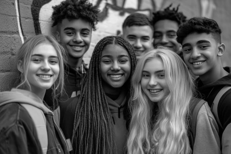 Black and white photo of group of young teenage students smiling and enjoying the DramaLab.co.uk acting classes and drama workshops at Theatre 62 in West Wickham