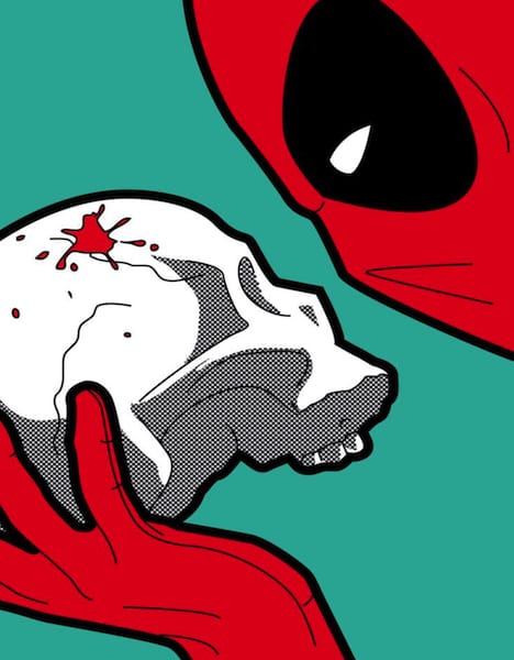 Cartoon illustration of comic book character Deadpool reviewing a skull he is holding in his hand imitating the famous "To be or not to be" scene from the theatre play Macbeth by William Shakespeare