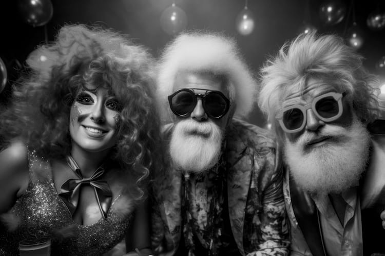 Black and white photo of two old aged funky male actors wearing fun sunglasses and a female actor wearing a theatre costume and face paint