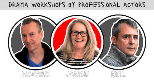 Graphic designed image consisting of profile photos of professional UK film, television and theatre actors and acting coaches Richard Huw, Janice Laurie and Neil Morrissey of DramaLab.co.uk